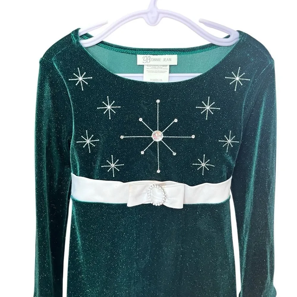 Bonnie Jean Green Velvet Snowflake Fur Trim Christmas Dress
